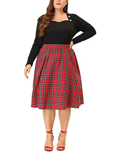 Agnes Orinda Plus Size 2024 A-line Plaid Flare Midi Skirt