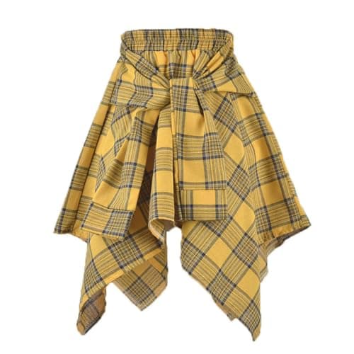 Women's Elastic Waist Plaid Mini Skater Skirt Knot Front Irregular Hem — Yellow&black