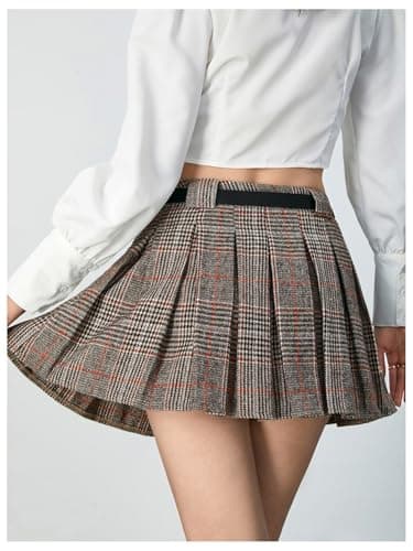 MakeMeChic Women's Flared Plaid Mini Skirt with A-Line Belt