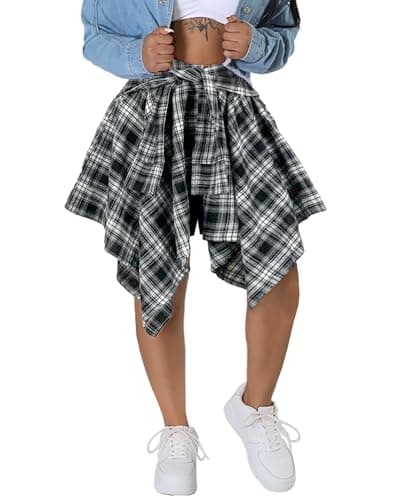 Atyfuniby Women's High Waisted Plaid Mini Skater Skirt with Knot Front — White Black