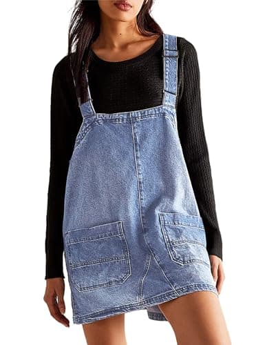 Xuehaya Women's Casual Denim Overalls Adjustable Strap Rompers — Light-blue