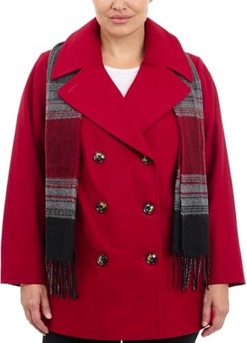 Women's Plus-Size LONDON FOG Double Breasted Peacoat with Scarf — Red
