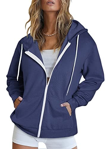 Women's Zip Up Hoodie Sweatshirt Jacket Coat — A Navy Blue