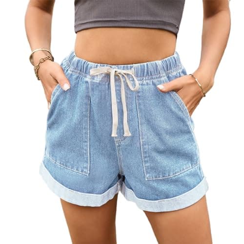 High waist denim shorts with pockets for women — B-light Blue