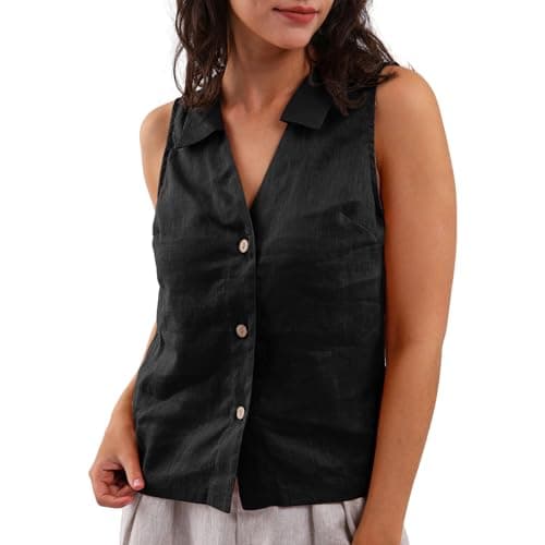 Amazhiyu Women's 100% Linen Slight Crop Button-Down Top