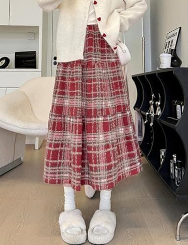 IDEALSANXUN Wool Plaid High Waist Midi Skirt for Women