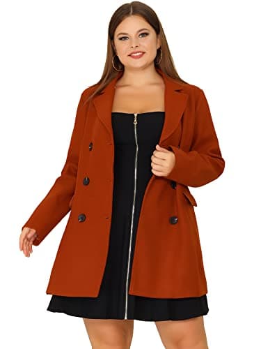 Agnes Orinda Plus Size Notched Lapel Double Breasted Long Coat — Caramel