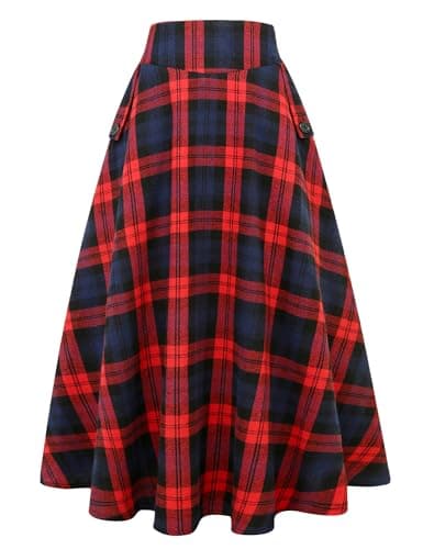 Women's Plaid High Waisted A Line Maxi Skirt with Pockets for Fall/Winter — Red