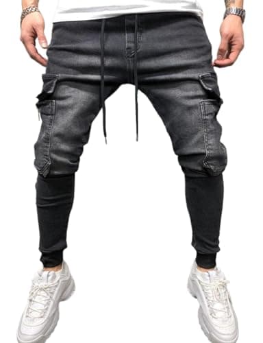 Slim Fit Drawstring Cargo Jeans for Men — Black