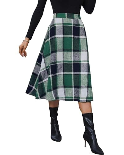 Pemieer High-Waist Wool A-Line Tartan Midi Skirts