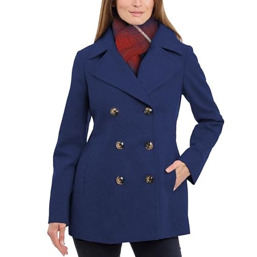 Women's Plus-Size LONDON FOG Double Breasted Peacoat with Scarf — Sapphire