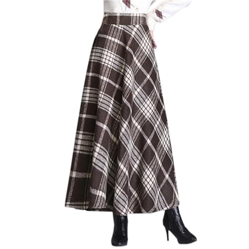 SANGTREE Women's High-Waist Flared Tartan Wool Skirt — Dark Khaki