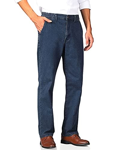 Soojun Men's Relaxed Fit Elastic Waist Jeans with Zipper and Button — Dark Blue (Vintage)