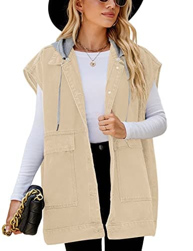 PAODIKUAI Women's Oversized Distressed Denim Vest Jackets — A-khaki With Hood