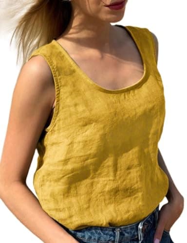 Lightweight Linen Tank Tops for Women- Crew Neck, Sleeveless Blouse