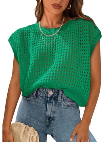 IDEALSANXUN Women's Crochet Sweater Vest Shorts Casual Pullover Tank Tops — Green