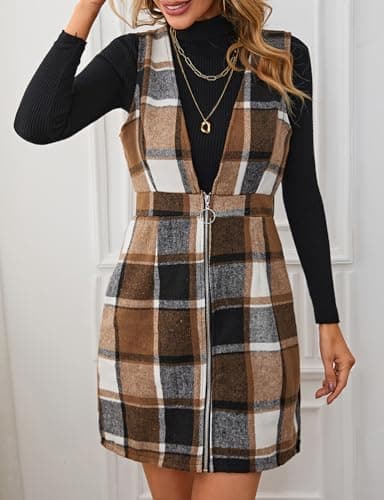 IDEALSANXUN Women’s Plaid Sleeveless Flannel Pinafore Dress for Fall/Winter