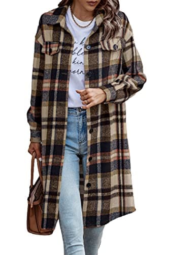 PrettyGarden Women's Plaid Shacket Long Sleeve Button Up Flannel Winter Coat — Navy
