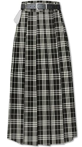 Sangtree Girls A-Line Pleated High Waist Fashion Skirt — Long # Black Plaid Pocket