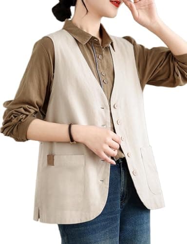 IDEALSANXUN Women's Linen Vest Lightweight Spring Summer Blazer — Beige
