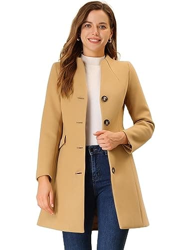 Allegra K Women's Elegant V-Neck Winter Overcoat — Khaki