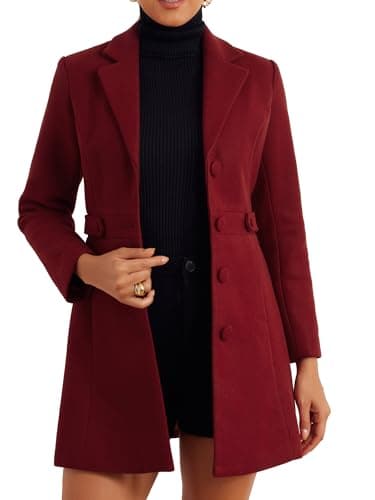 2024 Allegra K Notched Lapel Women's Winter Coat Pea Coat — Deep Red