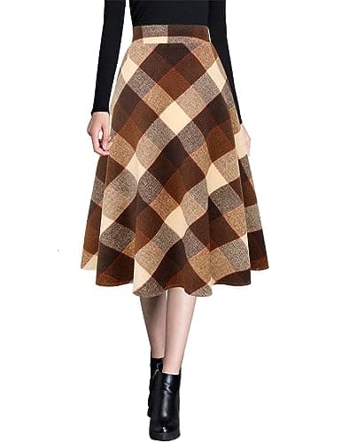 Ylingjun Warm Wool Midi Skirts for Winter Fall — Big Plaid Coffee