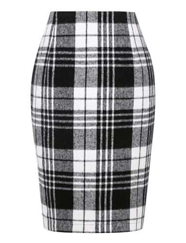 Womens Plaid Wool Pencil Skirt for Fall and Winter — Black White
