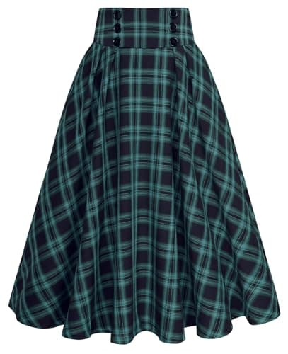 Belle Poque High Waisted Pleated Midi Plaid Skirt with Pockets — Green