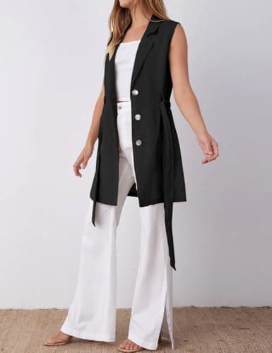 IDEALSANXUN Women's Linen Sleeveless Blazer Casual Jacket with Belt