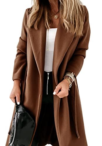 Ladiyo Women's Classic Open Front Belted Long Coat