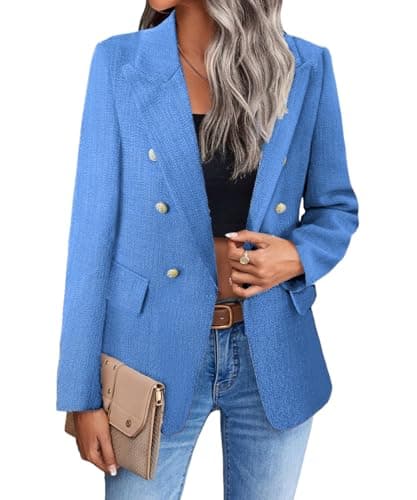 Mina Self 2025 Women's Spring Plaid Tweed Lapel Blazer Jacket with Pockets — 3-tweed/Dark Blue