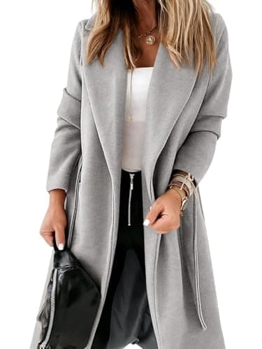 Ladiyo Women's Classic Open Front Belted Long Coat — Light Grey