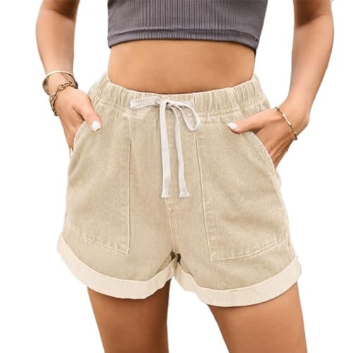 High waist denim shorts with pockets for women — B-khaki