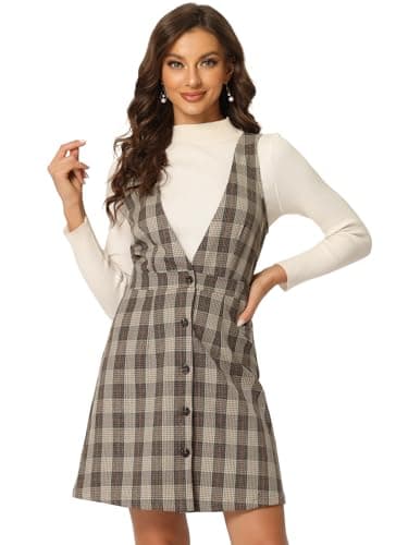 Women's Halloween Plaid Houndstooth Overalls Dress — Brown Orange