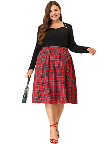 Agnes Orinda Plus Size 2024 A-line Plaid Flare Midi Skirt