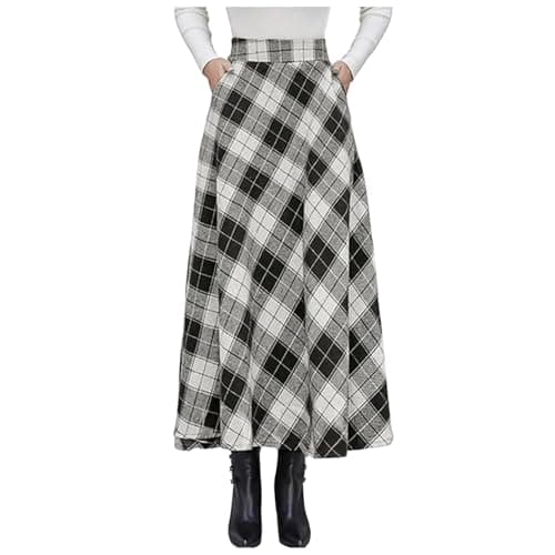 Elastic Waist A-Line Pleated Plaid Flared Skirt for Women — Black