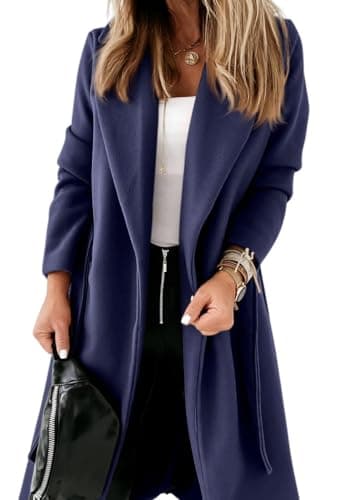 Ladiyo Women's Classic Open Front Belted Long Coat — Blue