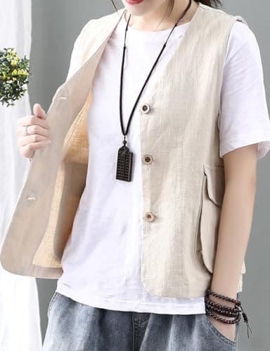 IDEALSANXUN Women's Linen Sleeveless Vest Blazer Jackets