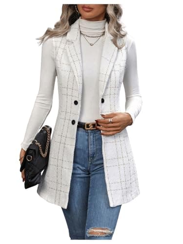 GORGLITTER Women's Plaid Sleeveless Long Vest Cardigan Blazer — Solid White