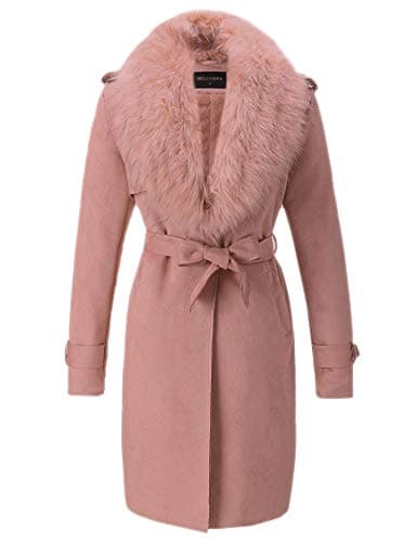 Bellivera Women's Faux Leather Trench Coat with Fleece Lining and Detachable Collar — Pink
