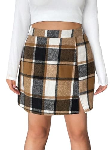 MakeMeChic Women's High Waisted Plaid Pencil Mini Skirt — Black Brown Plus