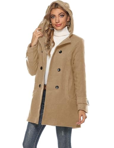 Tanming Women's Warm Double Breasted Wool Pea Coat with Hood