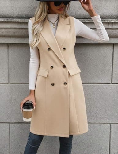 IDEALSANXUN Women's Long Wool Sleeveless Blazer Vest Trench Coat Outerwear