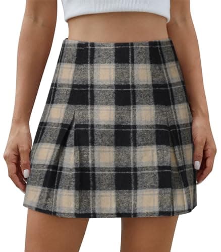 Scacto Women's High-Waisted Zipper Plaid Mini Pleated A-Line Skirt — Black