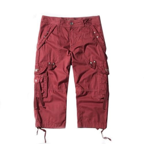 AOYOG Men's 3/4 Cargo Shorts Relaxed Fit Cotton Capri Pants — Wine Red