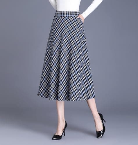 Biilyli Women's High Waist Wool Plaid Midi Skirt