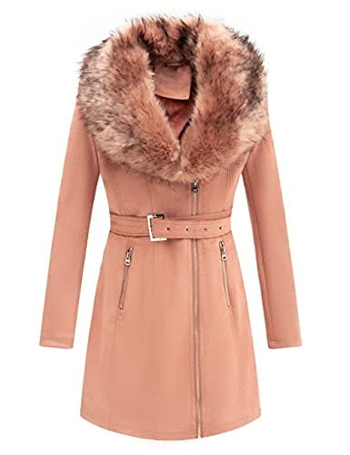 Bellivera Women's Faux Leather Trench Coat with Fleece Lining and Detachable Collar — Orangepink Suede