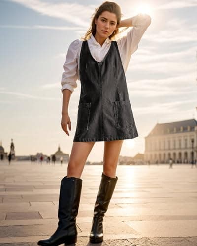 CLASETERN Denim Overall Dress with High Roller Skirt