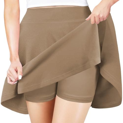 PUKAVT Women's A-Line Mini Flared Stretchy Skater Party Skirt — Khaki With Shorts
